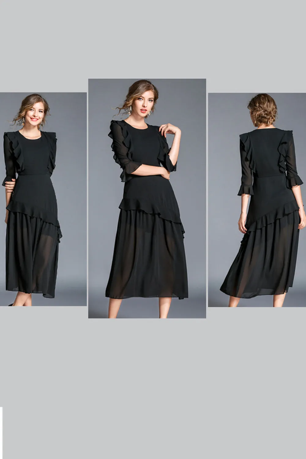 Ketty More Women Round Neck Ruffled Skirt Long Dress-KMWD131