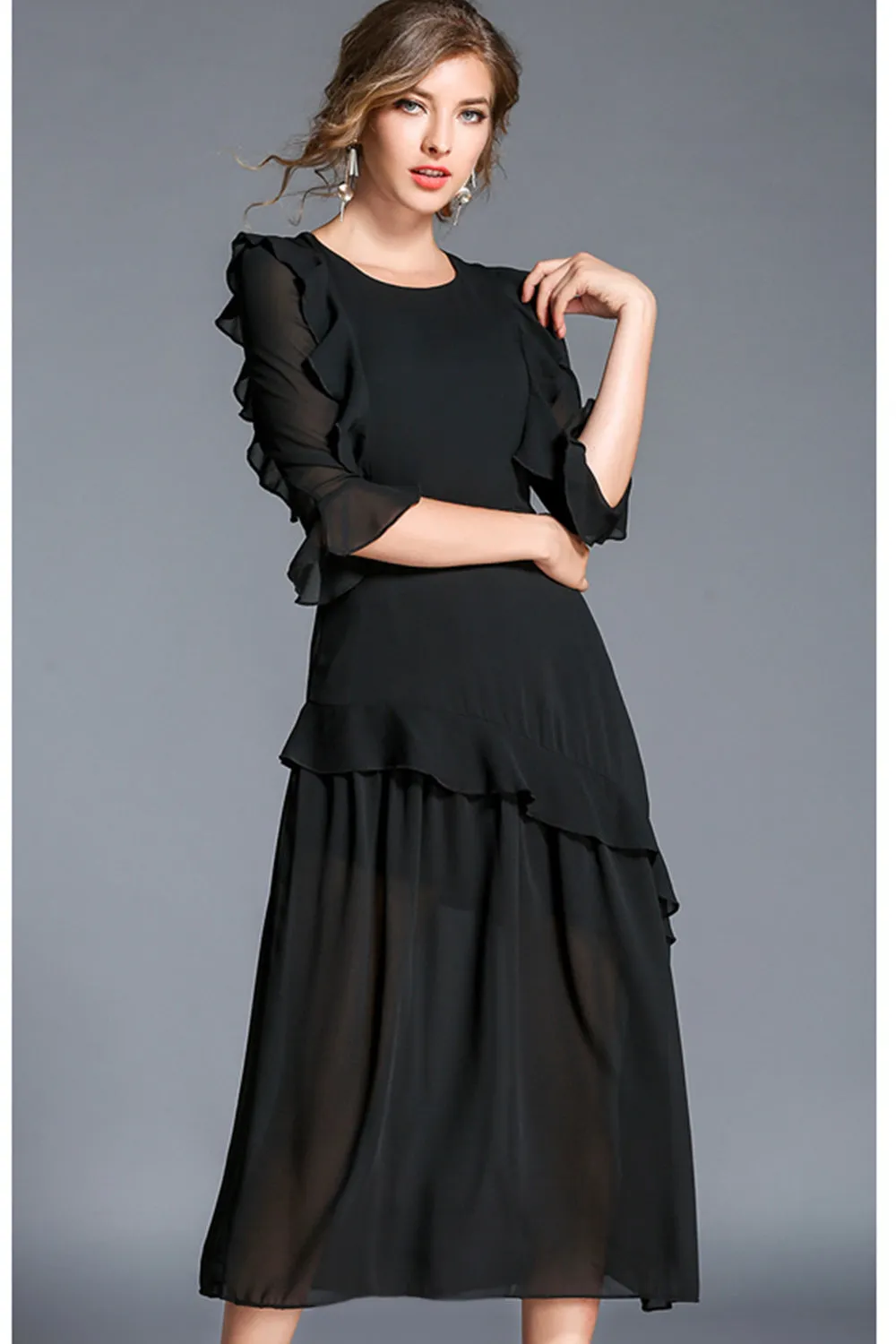 Ketty More Women Round Neck Ruffled Skirt Long Dress-KMWD131