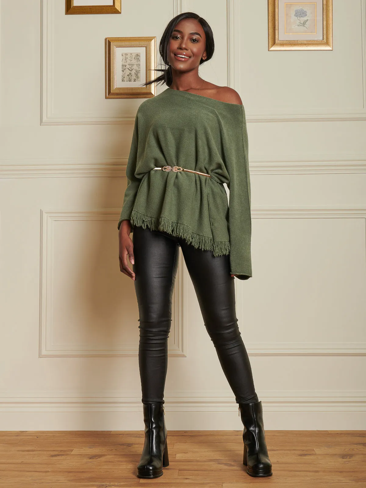 Knitted Fringe Detail Jumper, Soldier Green