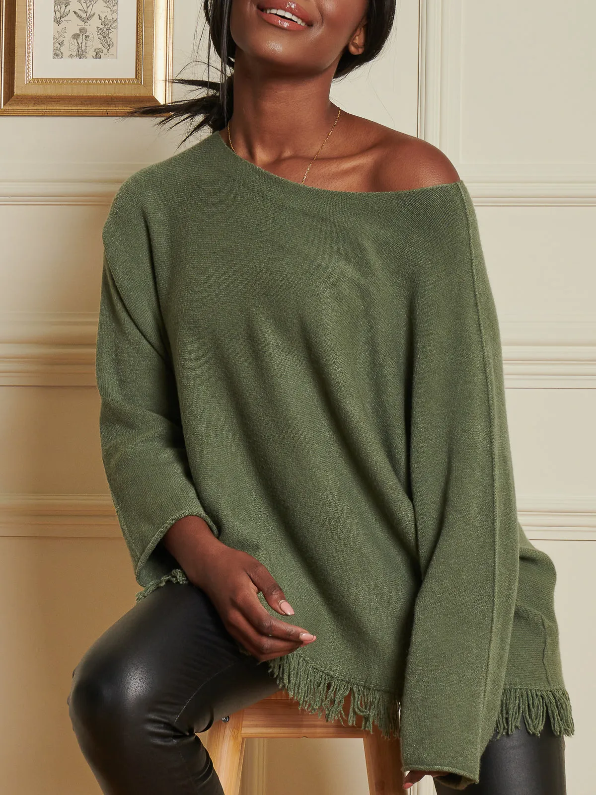 Knitted Fringe Detail Jumper, Soldier Green