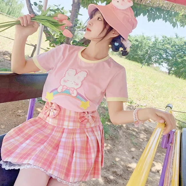 Korean Fashion Statement: Pink Plaid Pleated Short Skirt with Lace & Bow