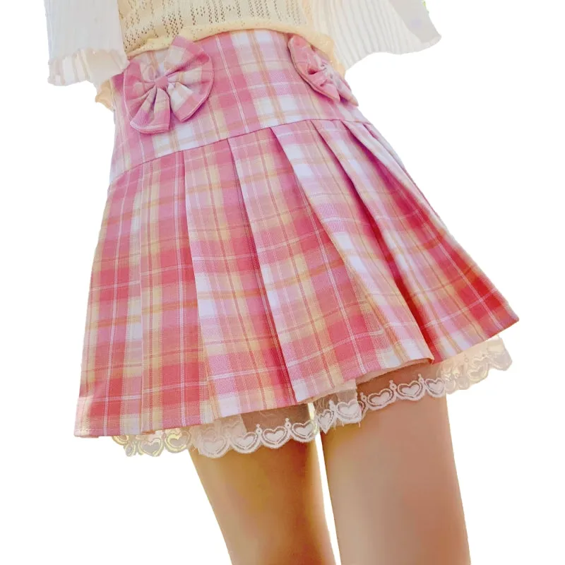 Korean Fashion Statement: Pink Plaid Pleated Short Skirt with Lace & Bow