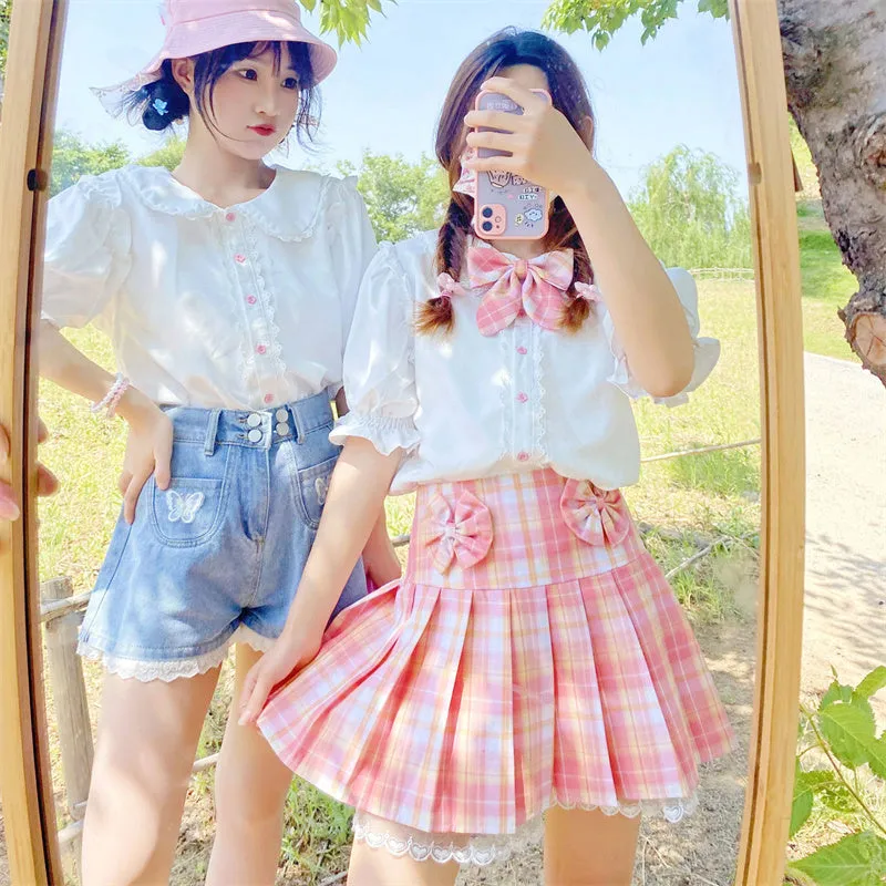 Korean Fashion Statement: Pink Plaid Pleated Short Skirt with Lace & Bow