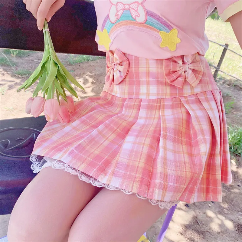 Korean Fashion Statement: Pink Plaid Pleated Short Skirt with Lace & Bow