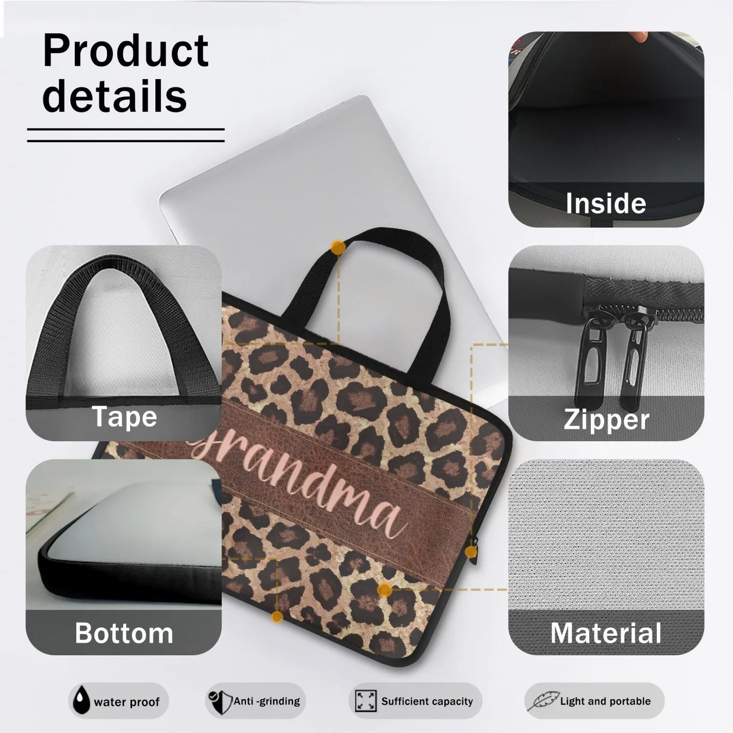 Laptop Sleeve with handles - Leopard Print - Grandma