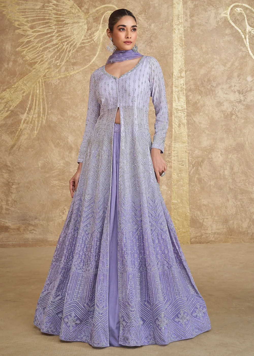 Lavender Ombre Slit Georgette Skirt Style Anakali Suit