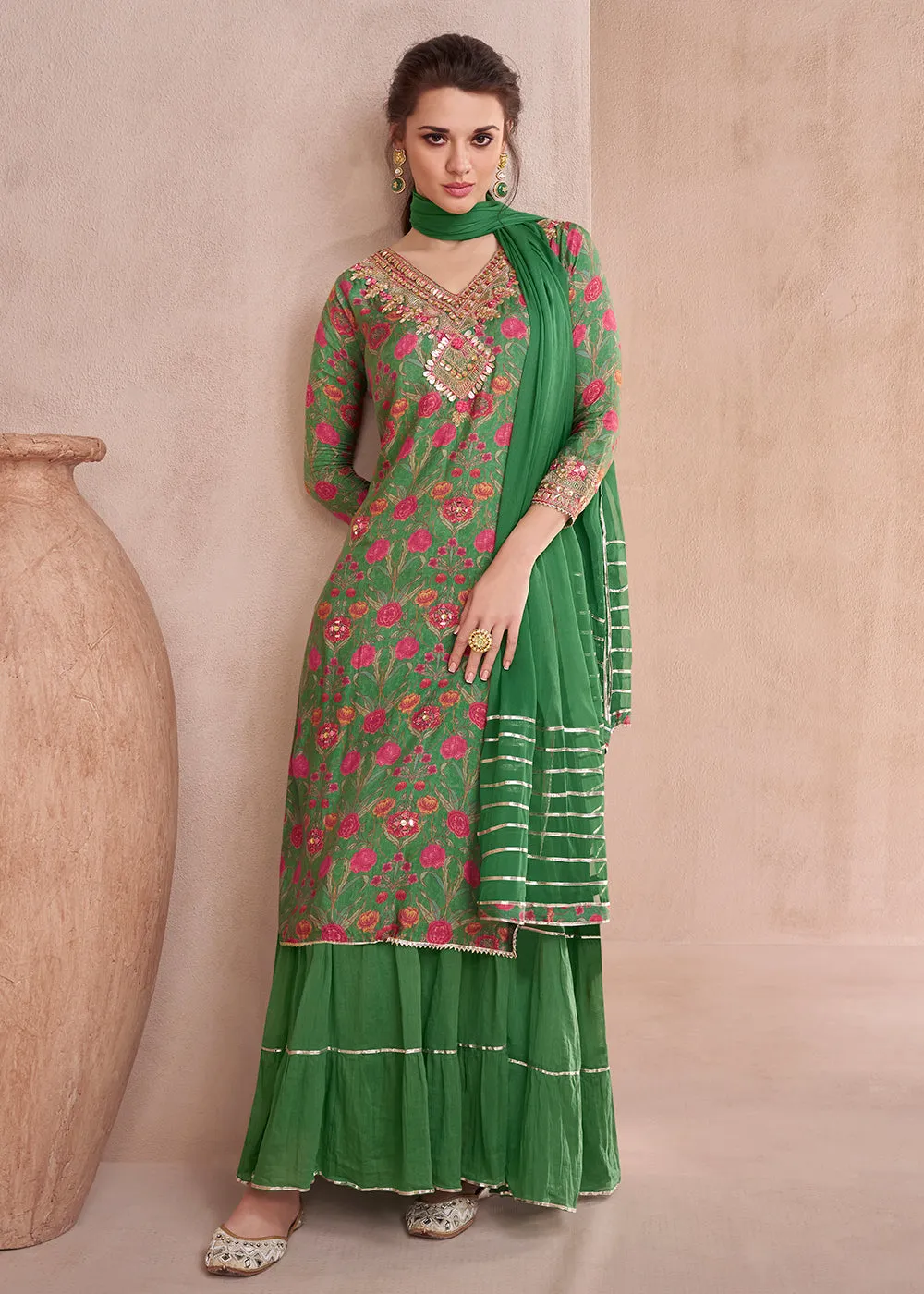 Leaf Green Pure Muslin Embroidered Lehenga Skirt Suit