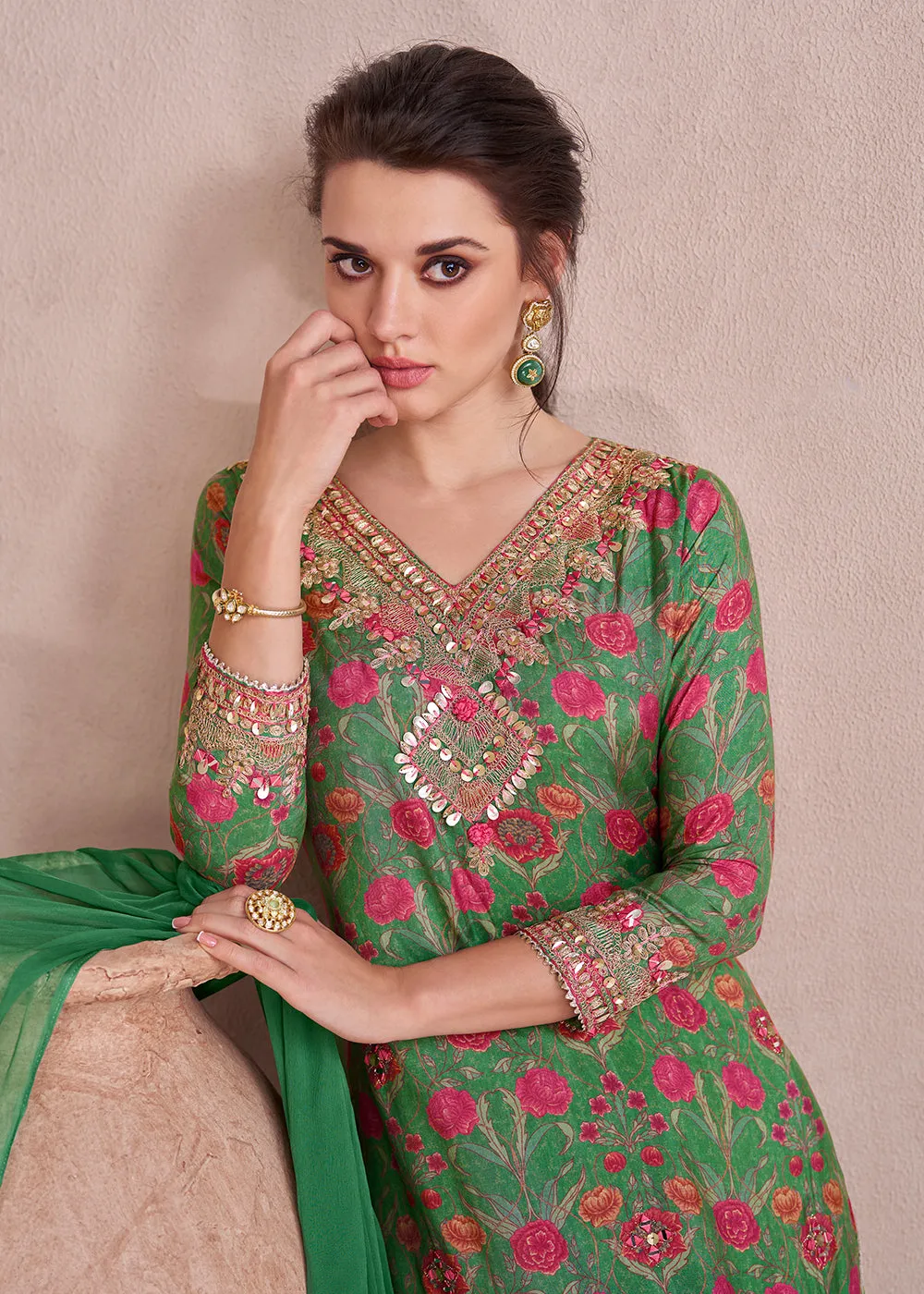 Leaf Green Pure Muslin Embroidered Lehenga Skirt Suit