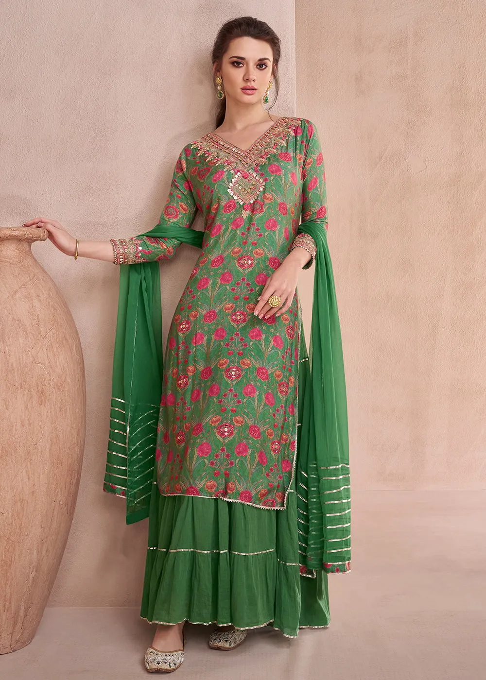 Leaf Green Pure Muslin Embroidered Lehenga Skirt Suit