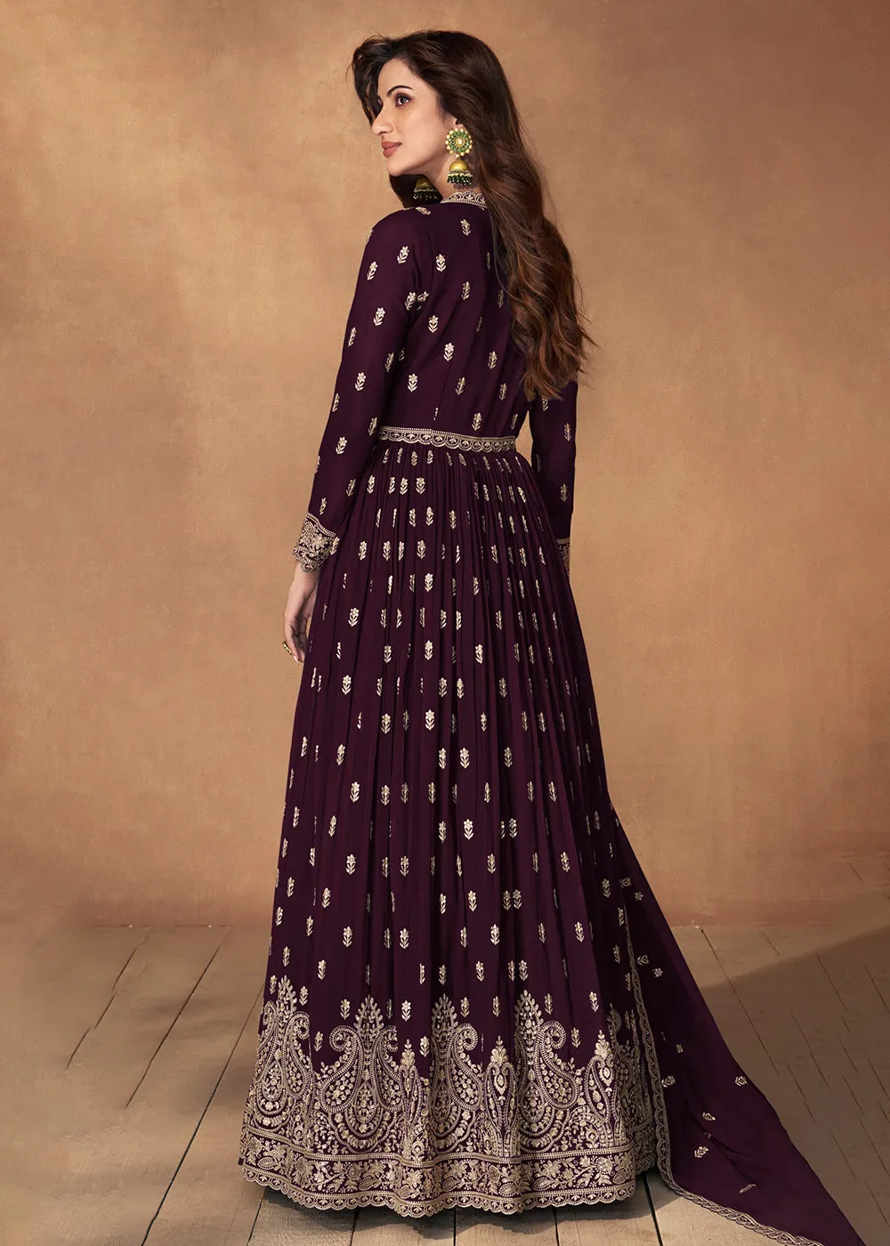 Lehenga Style Plum Purple Wedding Wear Anarkali Suit