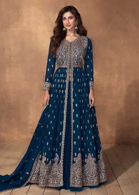 Lehenga Style Prussian Blue Wedding Wear Anarkali Suit