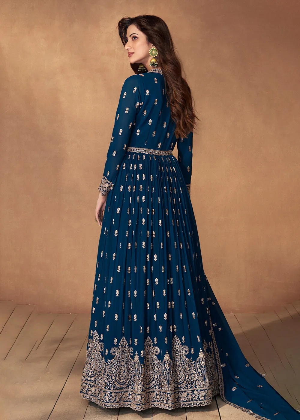 Lehenga Style Prussian Blue Wedding Wear Anarkali Suit