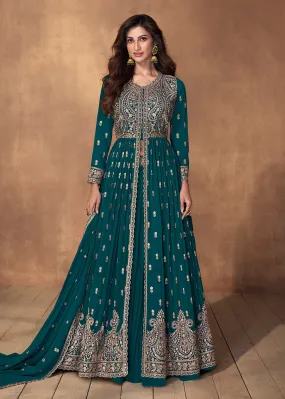 Lehenga Style Turquoise Wedding Wear Anarkali Suit