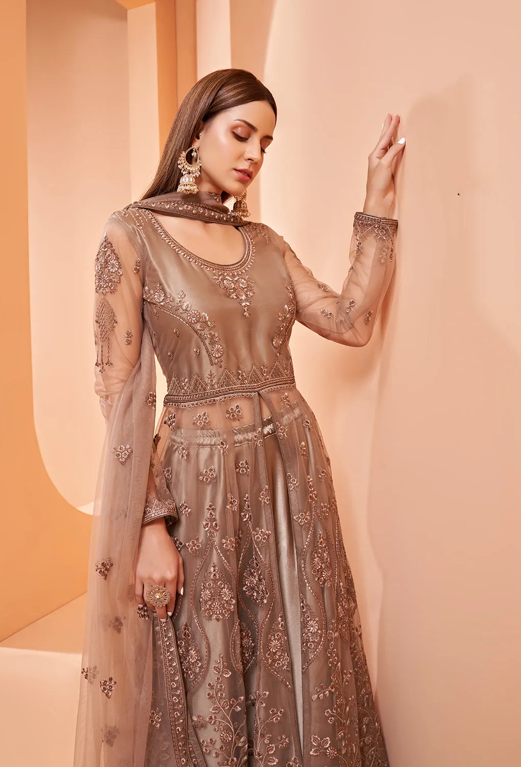 Lehenga/Pant Style Brown Sequins Work Anarkali Suit