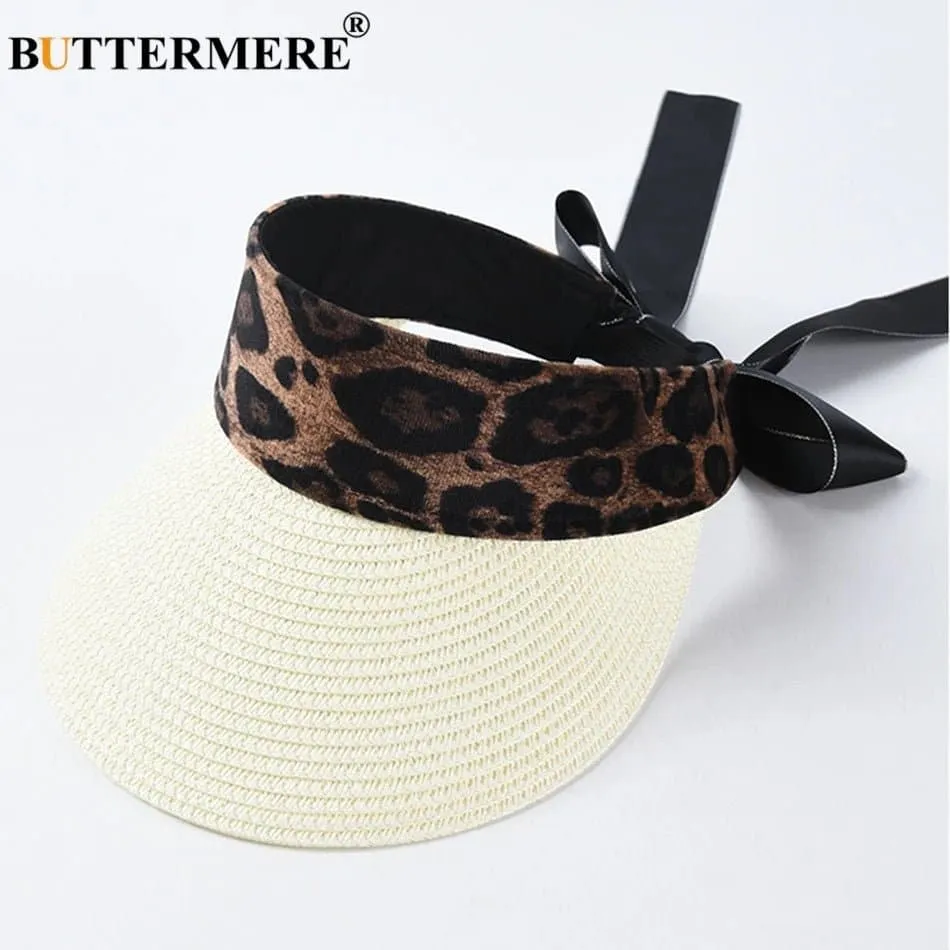 Leopard Sun Hats - Trendy 11.5cm Brim Straw Hat for Women: UV Protection, Adjustable Size