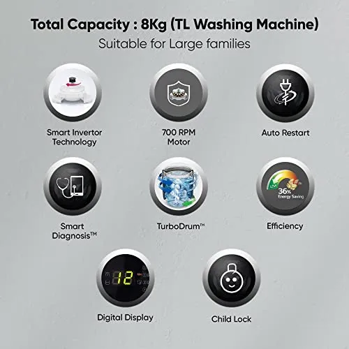 LG 8 Kg 5 Star Inverter TurboDrum Fully Automatic Top Loading Washing Machine (T80SKSF1Z, Waterfall Circulation, Digital Display, Middle Free Silver)