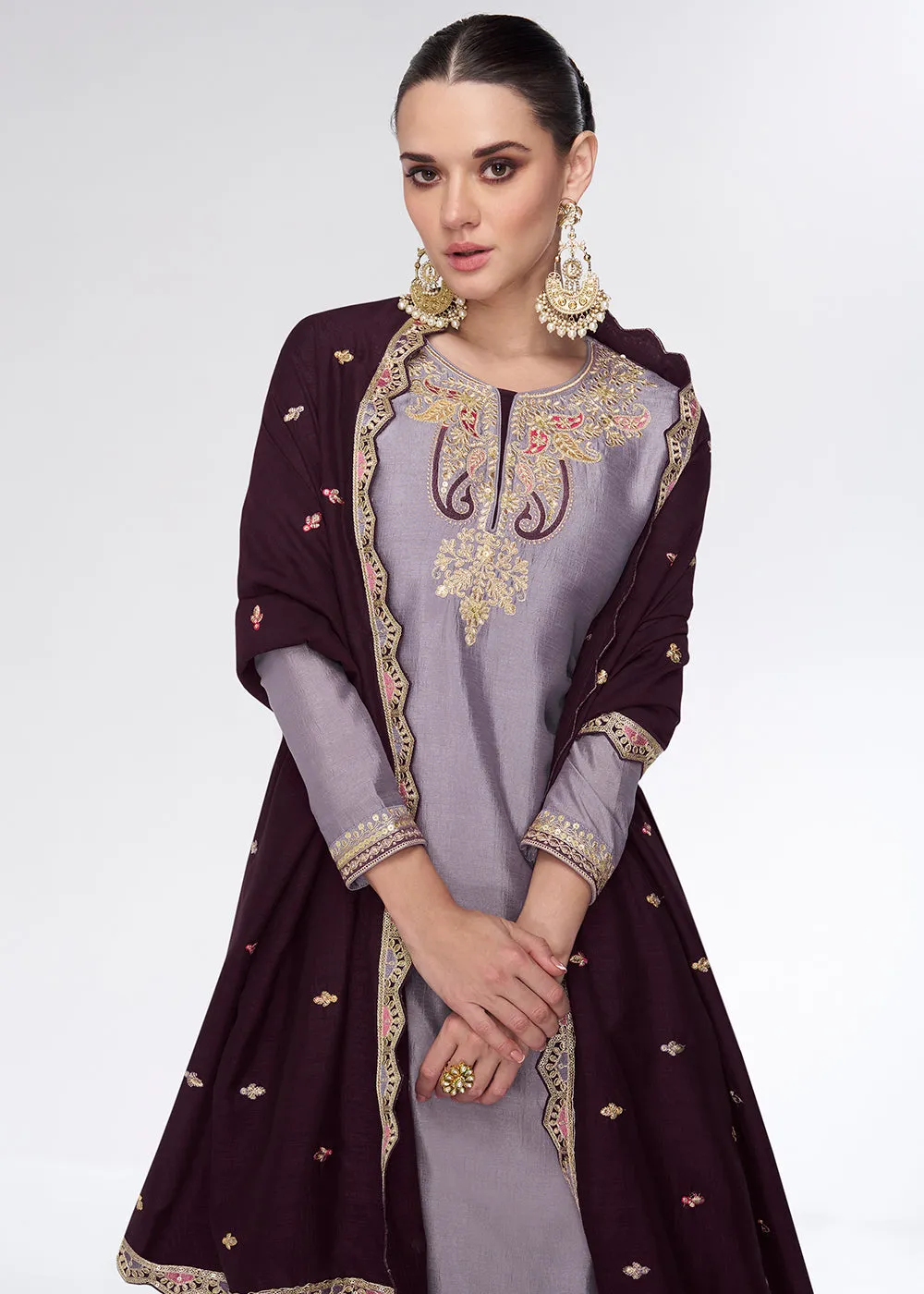 Light Lavender Embroidred Wedding Lehenga Kurti Set