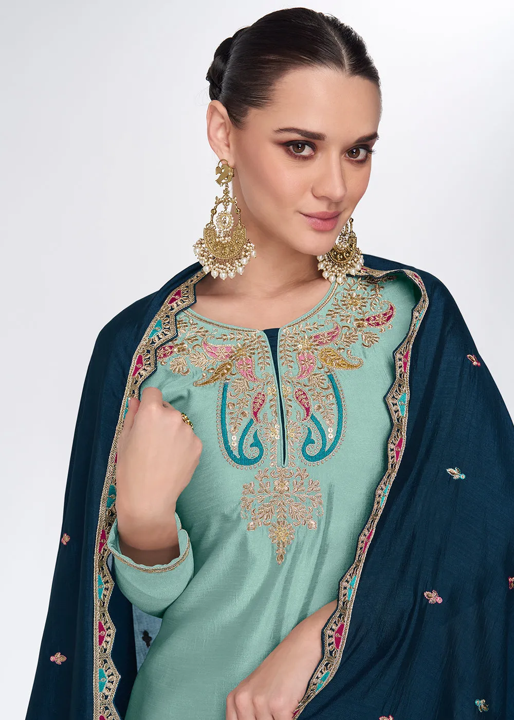 Light Turquoise Embroidred Wedding Lehenga Kurti Set