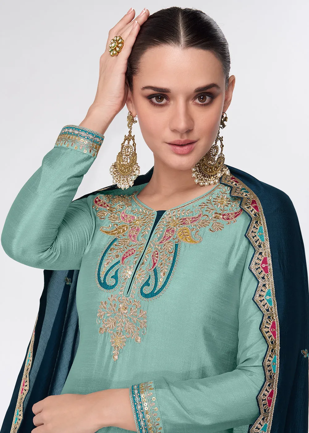 Light Turquoise Embroidred Wedding Lehenga Kurti Set