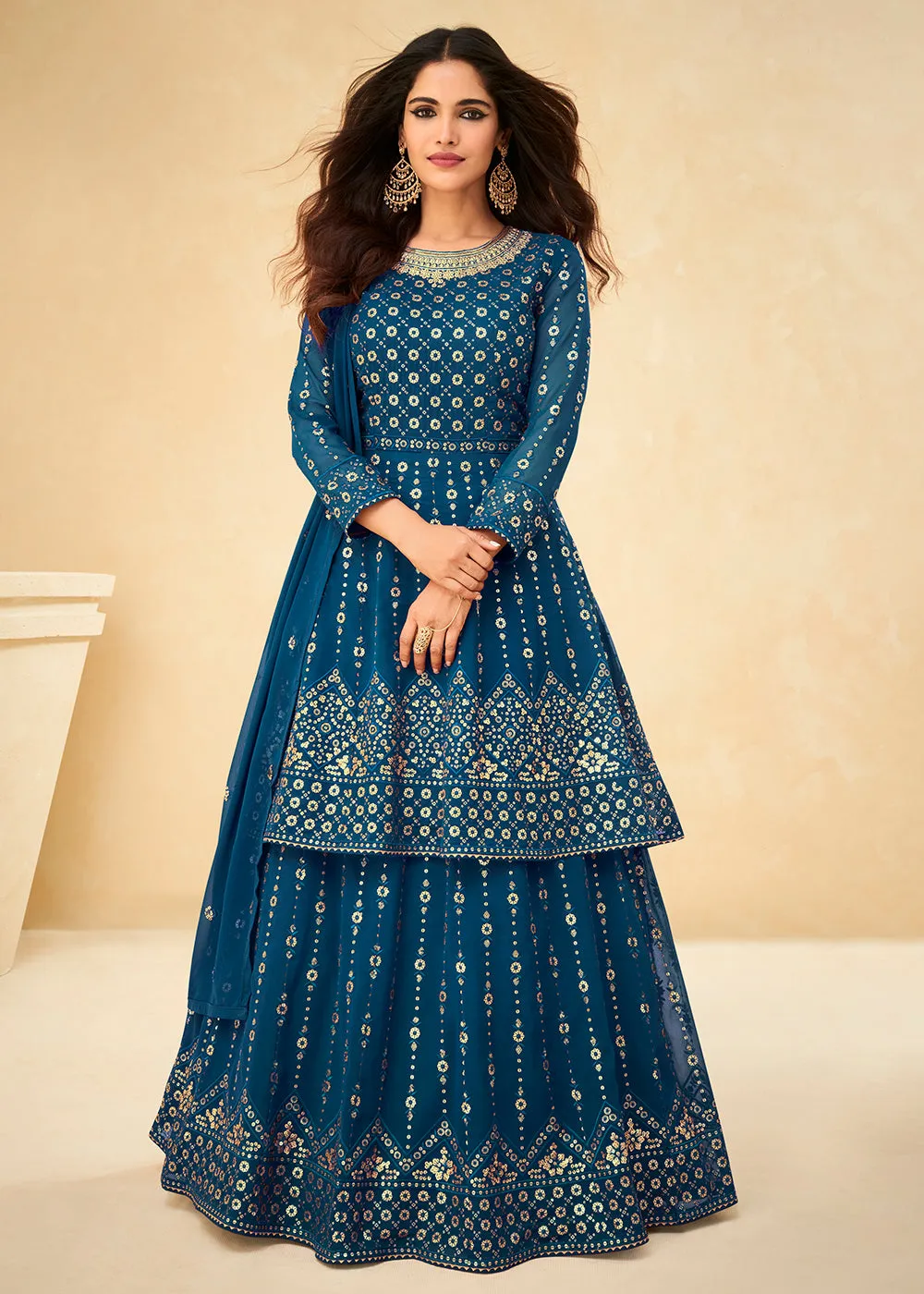 Long Kurti Style Blue Georgette Embroidered Lehenga Suit