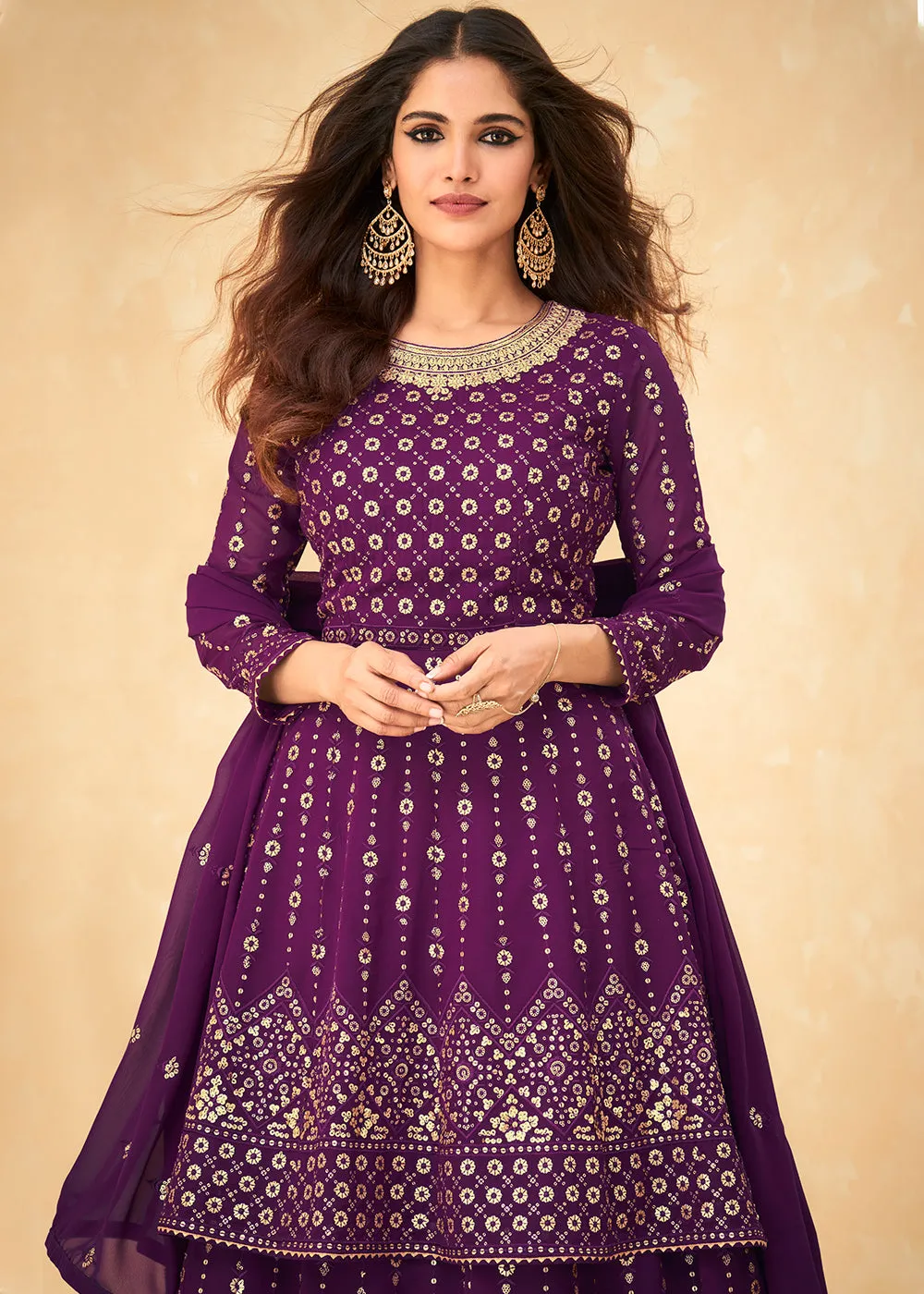 Long Kurti Style Purple Georgette Embroidered Lehenga Suit