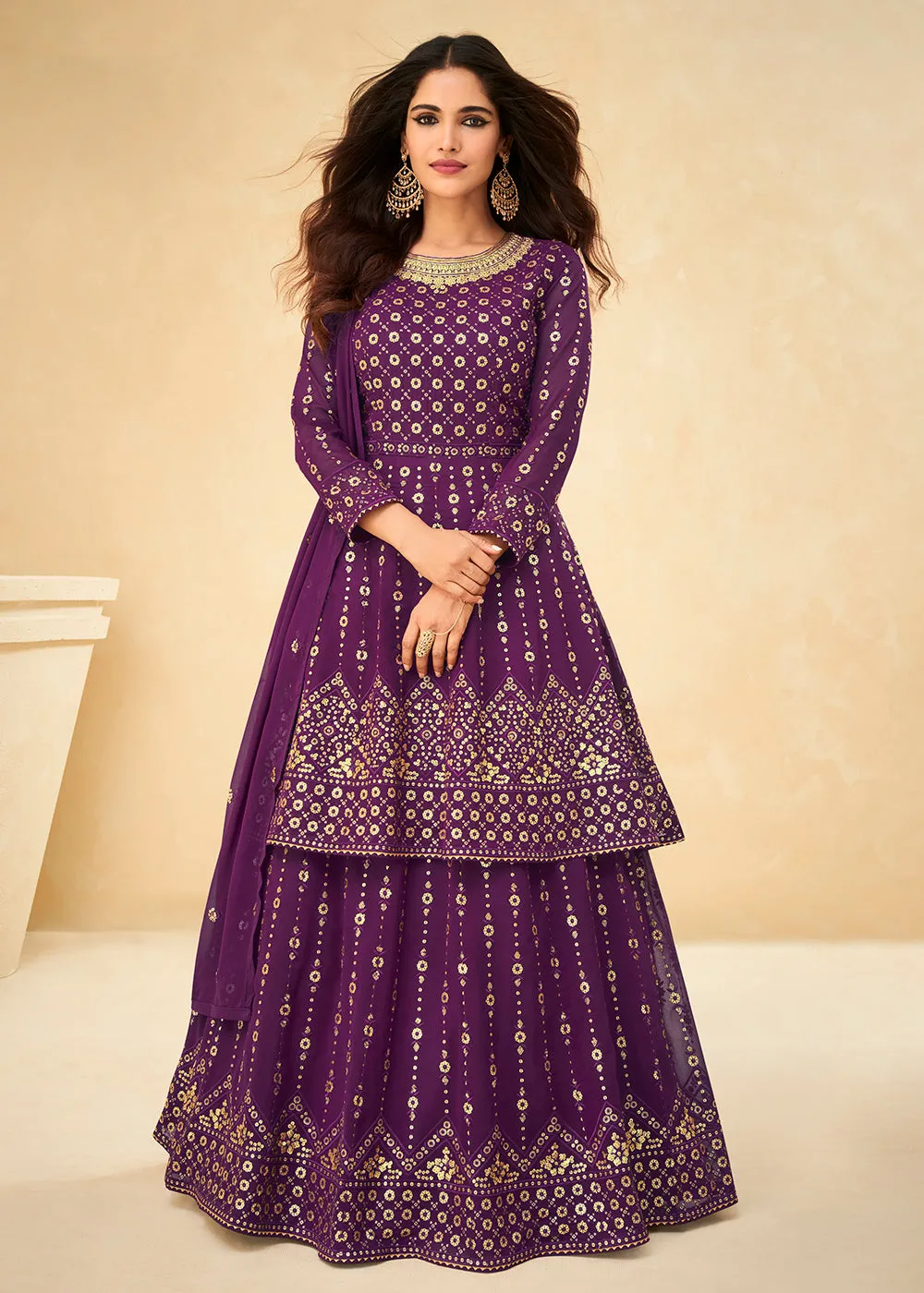 Long Kurti Style Purple Georgette Embroidered Lehenga Suit