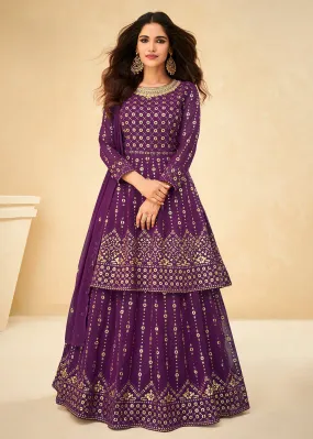 Long Kurti Style Purple Georgette Embroidered Lehenga Suit