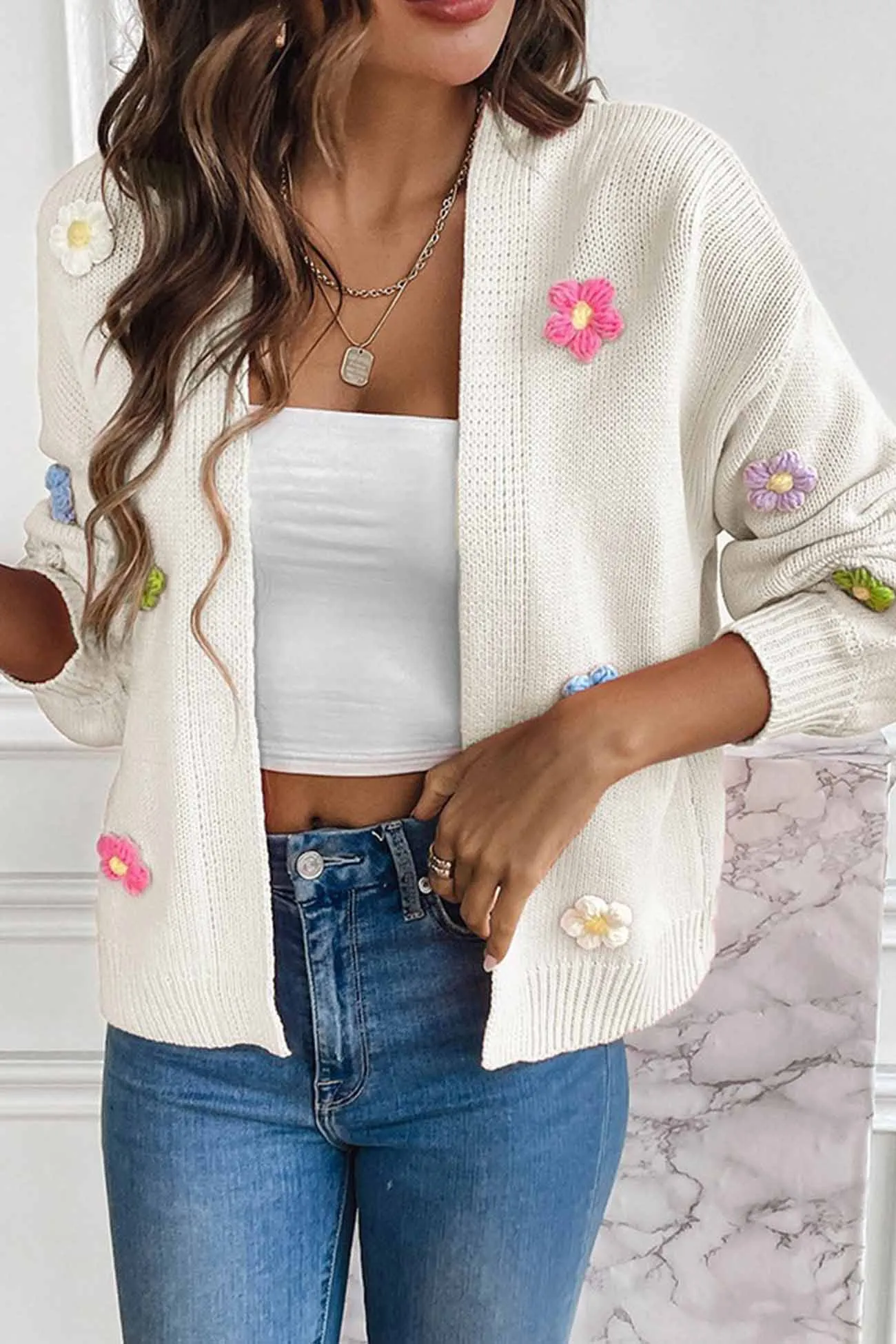 Long Sleeve Floral Knitted Cardigan