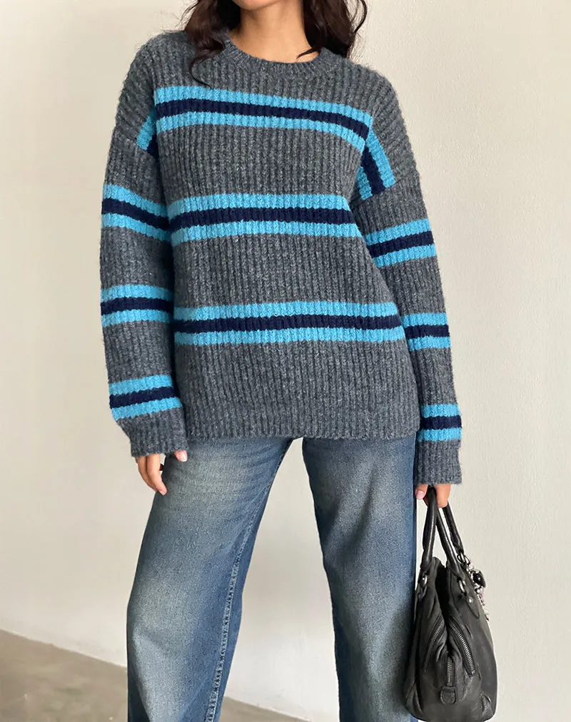 Lunet Knitted Jumper in Stripe Grey and Blue