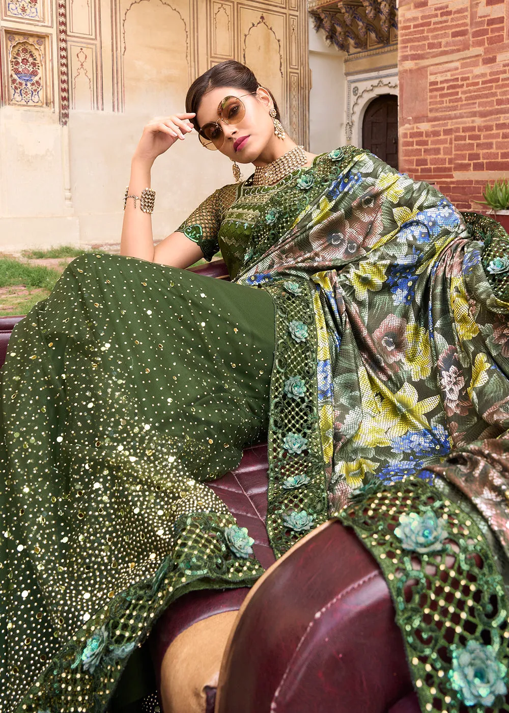 Mahendi Green Applique Net Designer Bridal Party Wear Saree