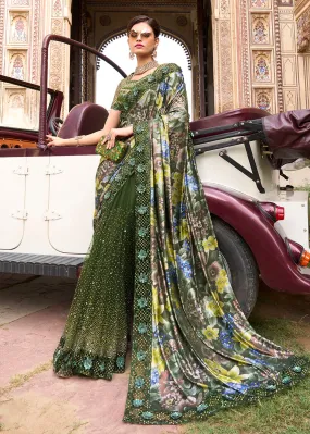 Mahendi Green Applique Net Designer Bridal Party Wear Saree