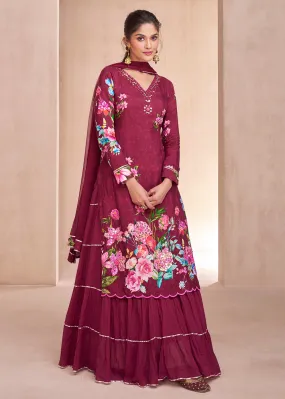 Maroon Pure Muslin Embroidered Lehenga Skirt Suit