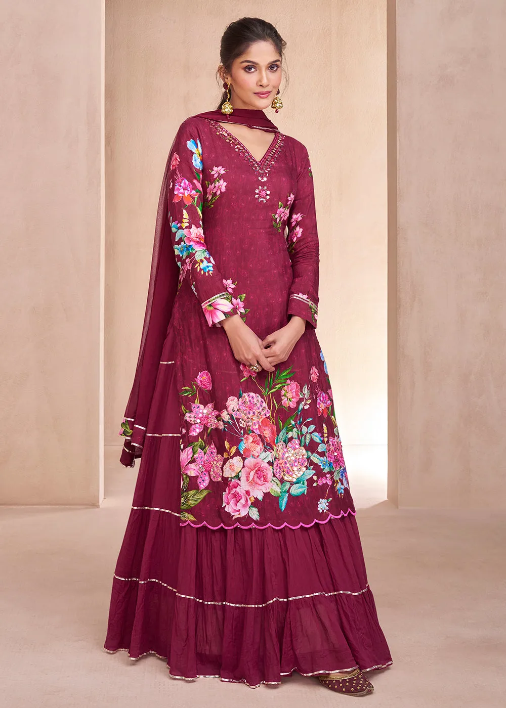 Maroon Pure Muslin Embroidered Lehenga Skirt Suit