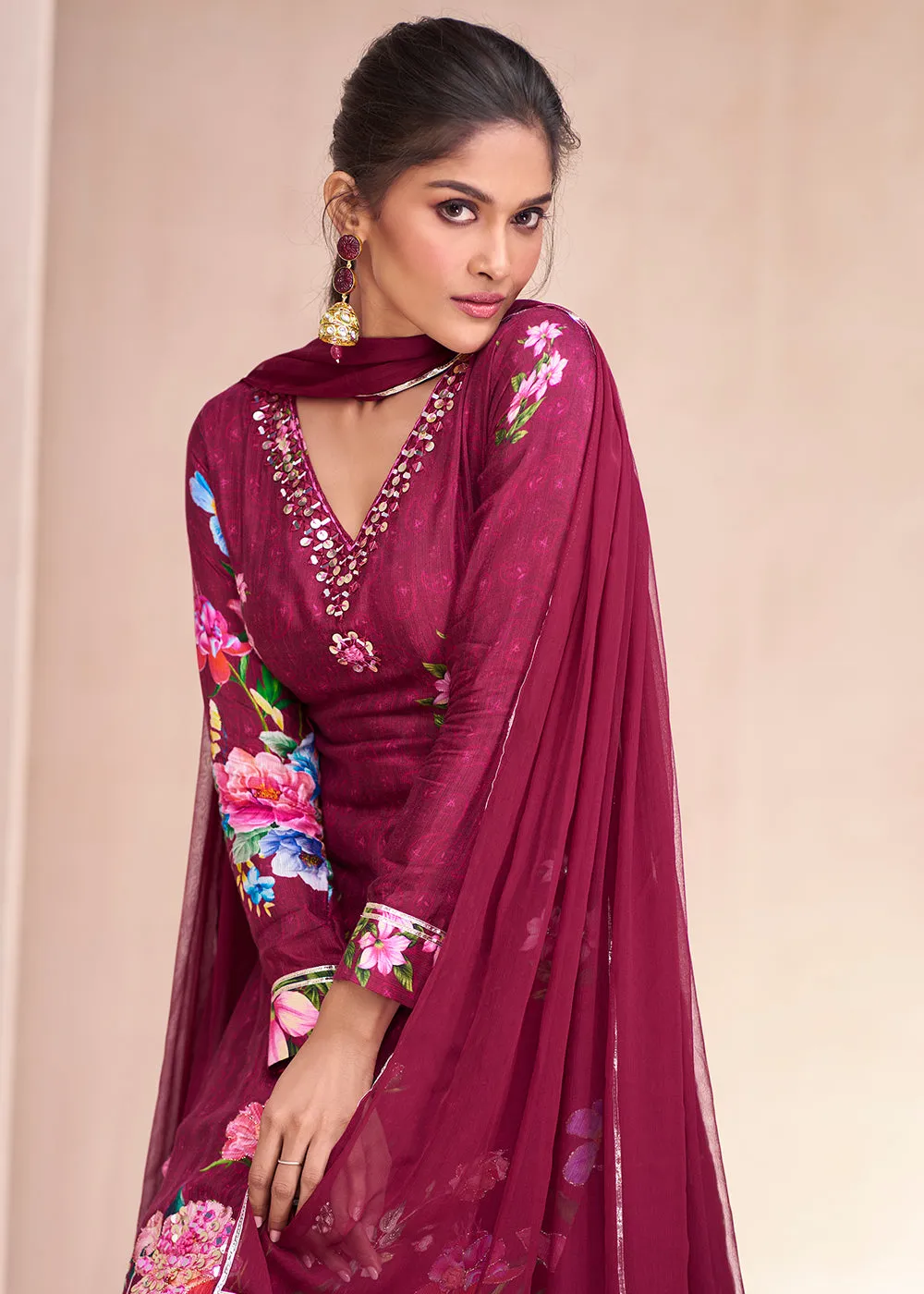 Maroon Pure Muslin Embroidered Lehenga Skirt Suit