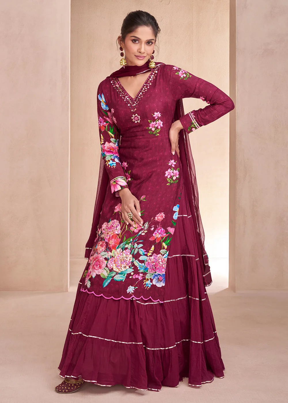 Maroon Pure Muslin Embroidered Lehenga Skirt Suit