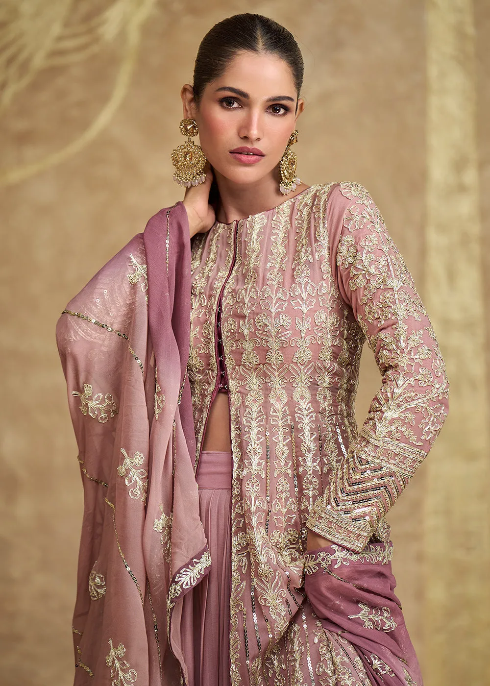 Mauve & Pink Ombre Slit Georgette Skirt Style Anakali Suit