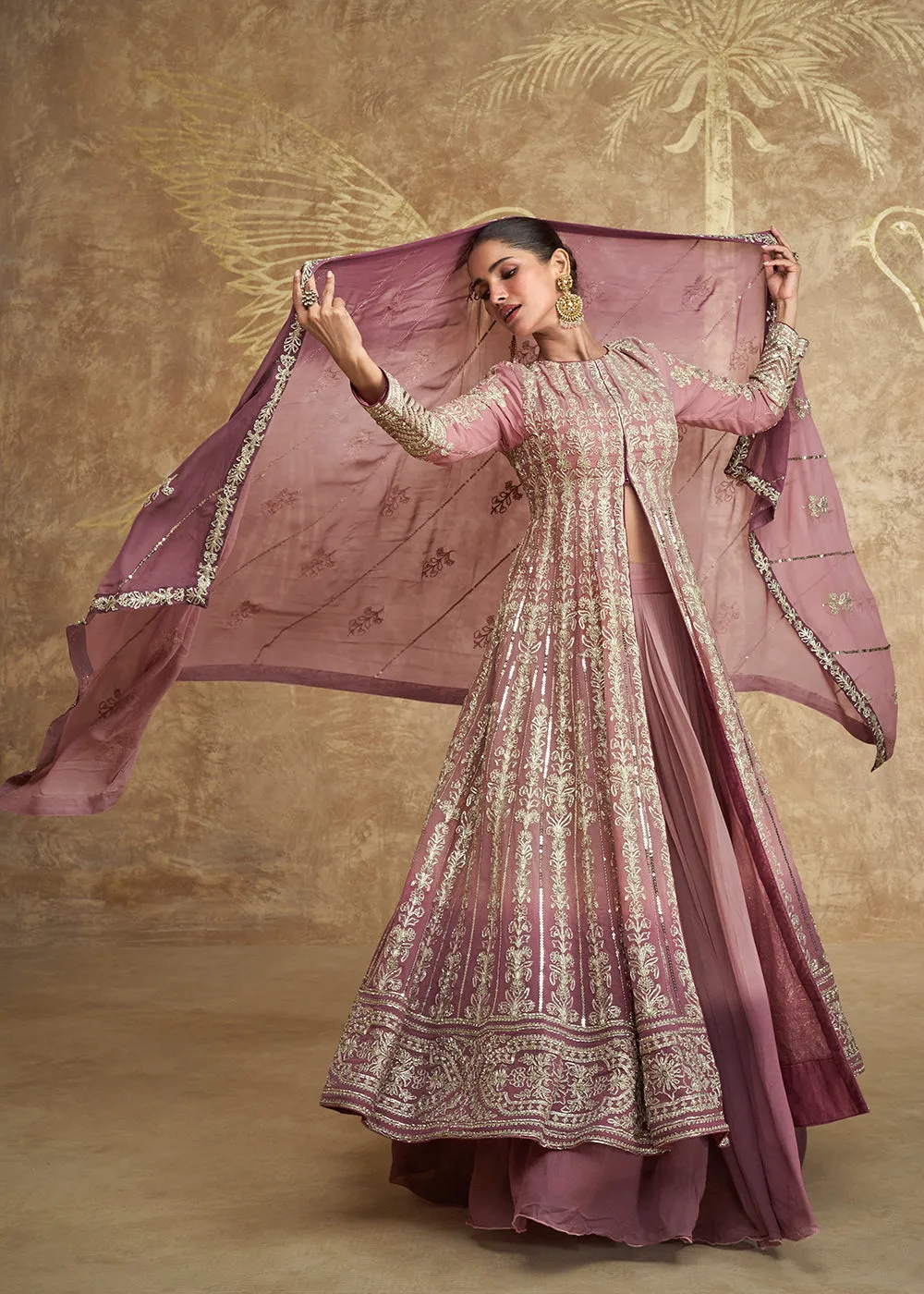 Mauve & Pink Ombre Slit Georgette Skirt Style Anakali Suit