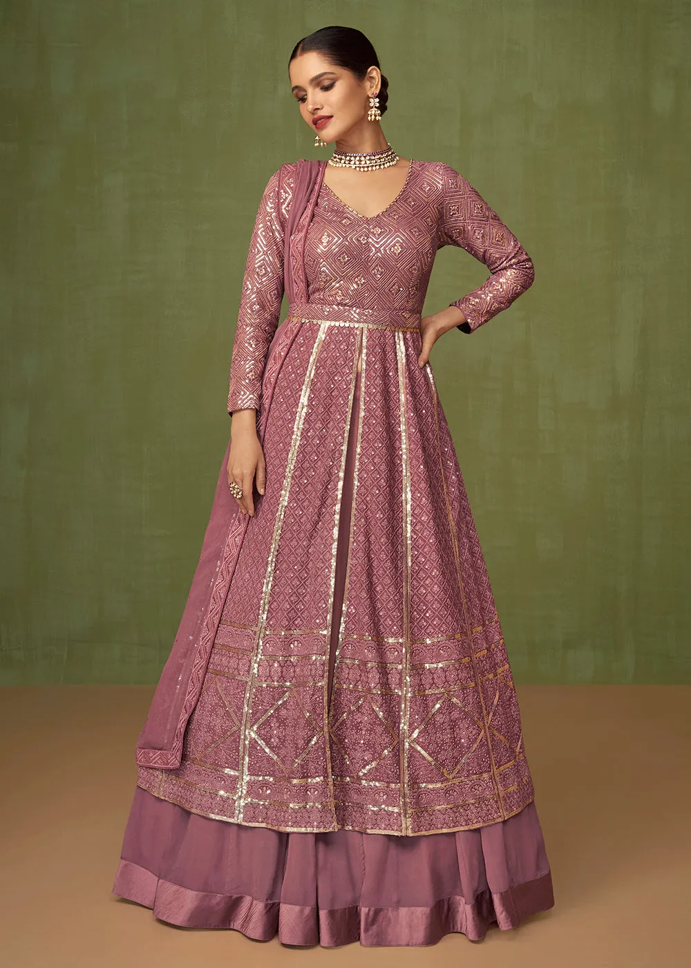 Mauve Purple Georgette Wedding Party Skirt Anarkali Suit