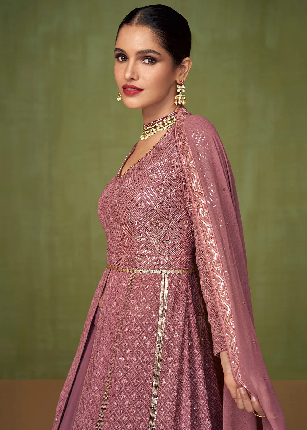 Mauve Purple Georgette Wedding Party Skirt Anarkali Suit