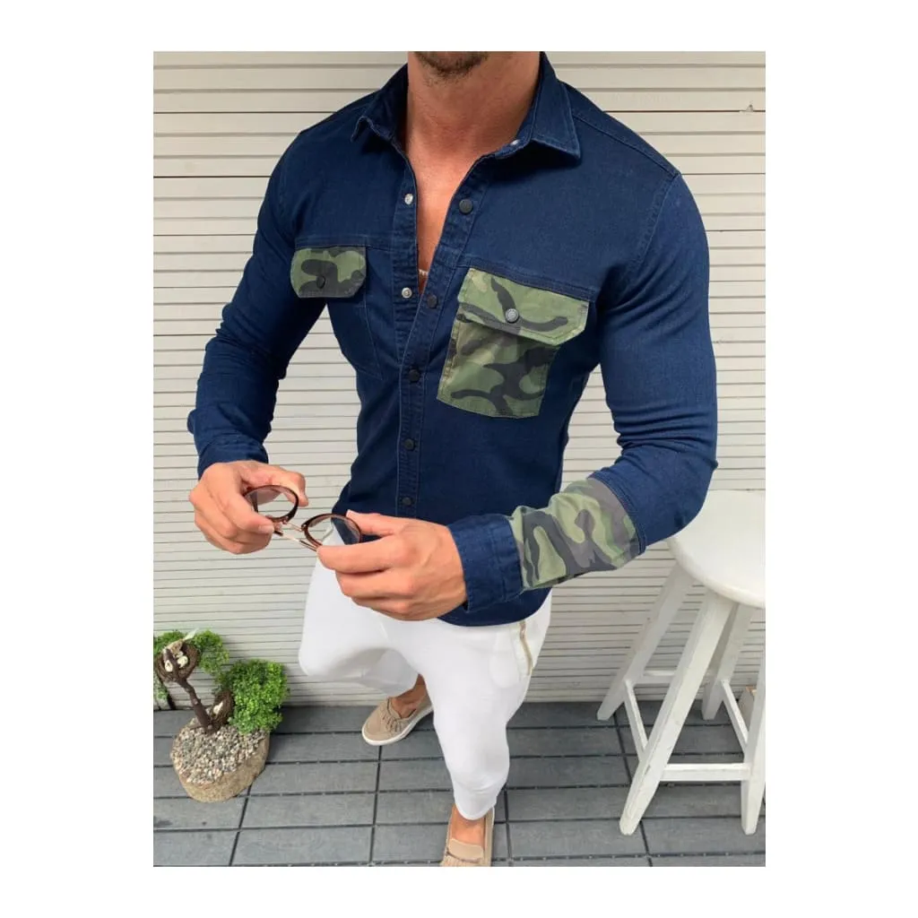 Men Camo Print Pocket Denim Buttoned Shirt