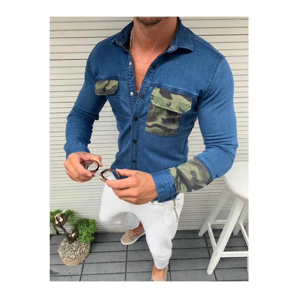 Men Camo Print Pocket Denim Buttoned Shirt