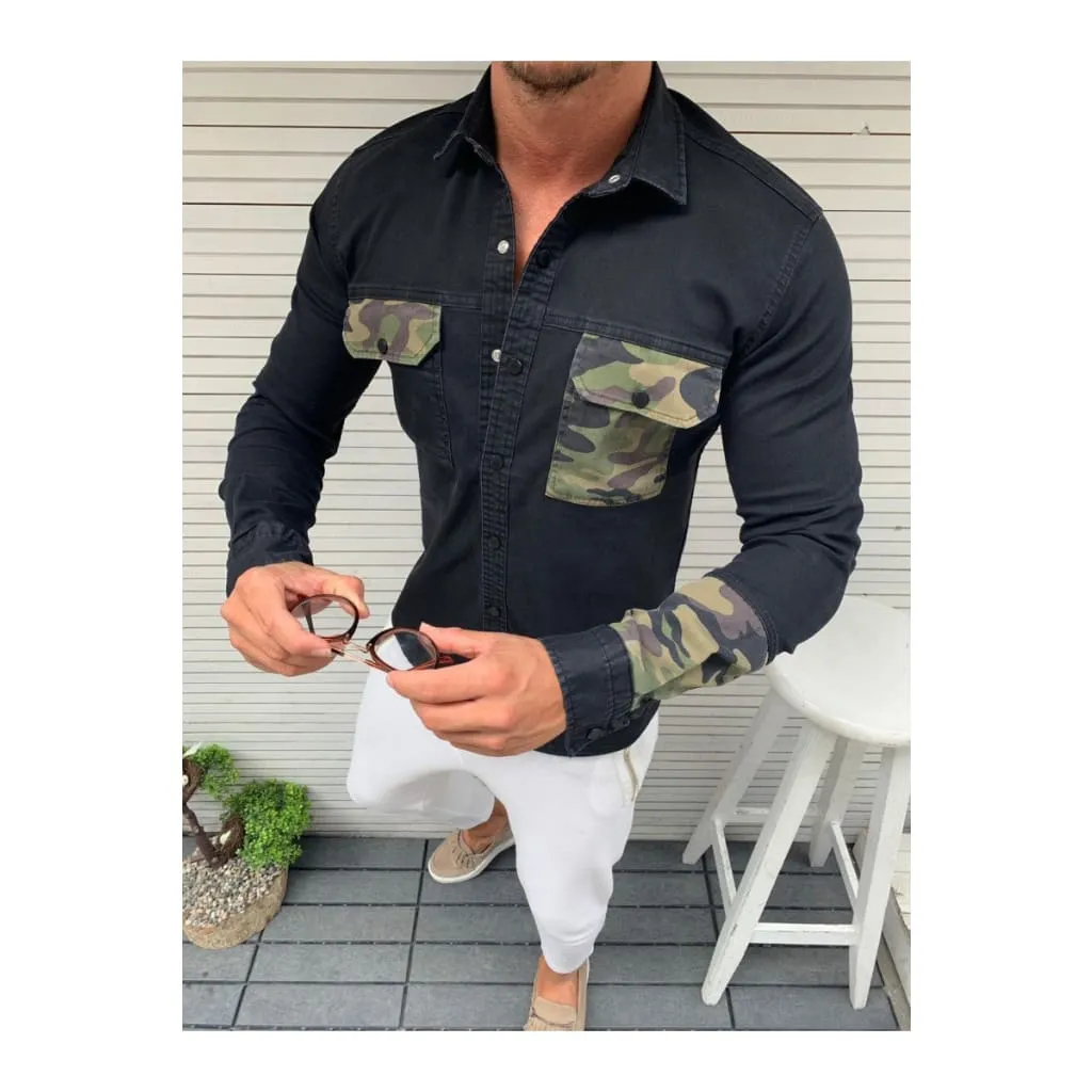 Men Camo Print Pocket Denim Buttoned Shirt