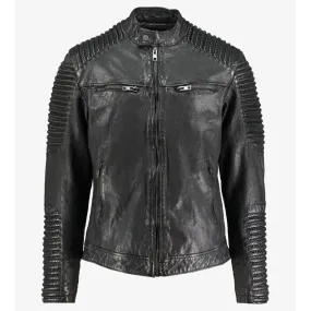 Mens Black Distressed Leather Moto Biker Jacket