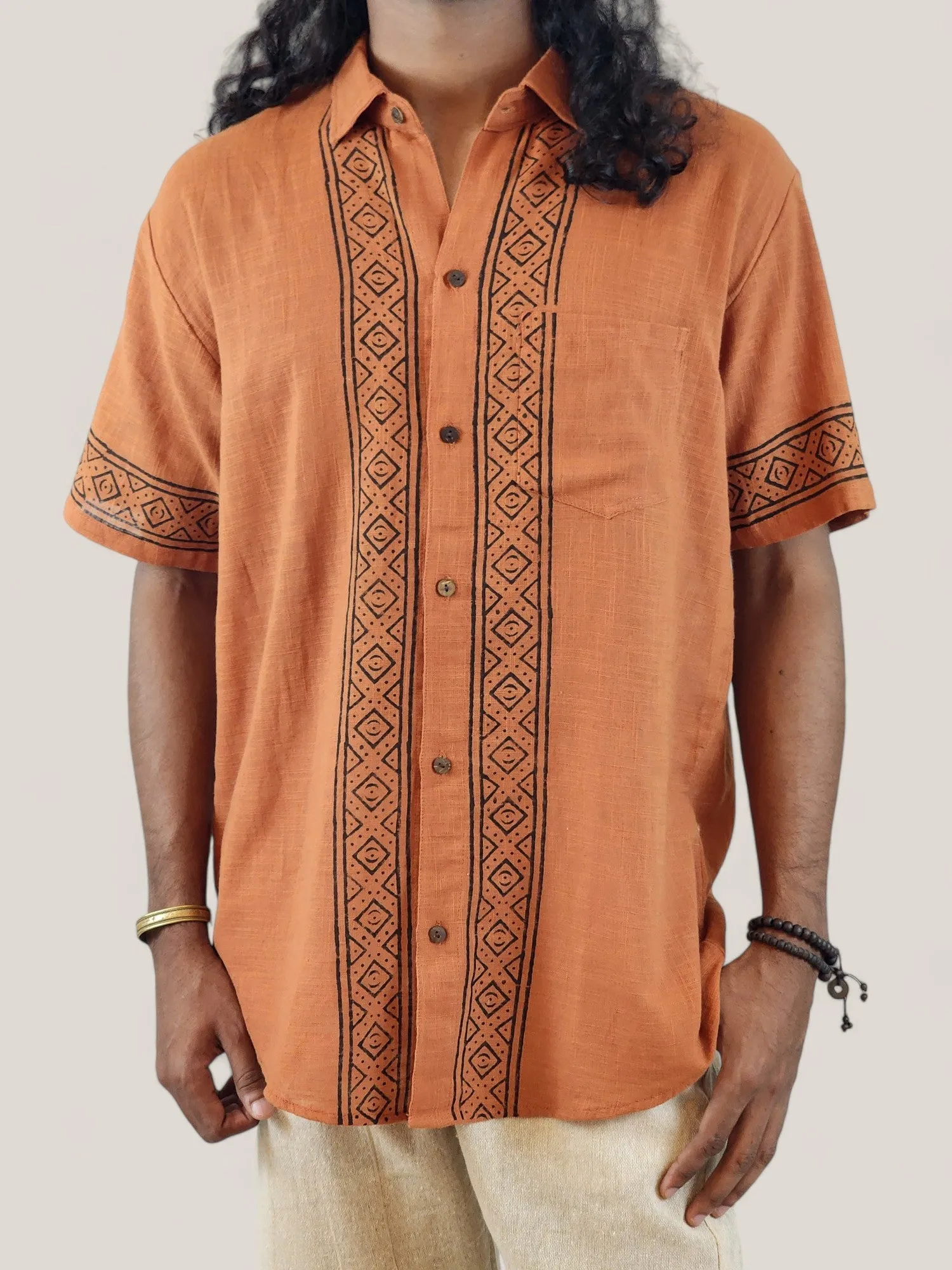 Men's Orange Organic Linen Short Sleeve Block-Printed Button-Down Shirt