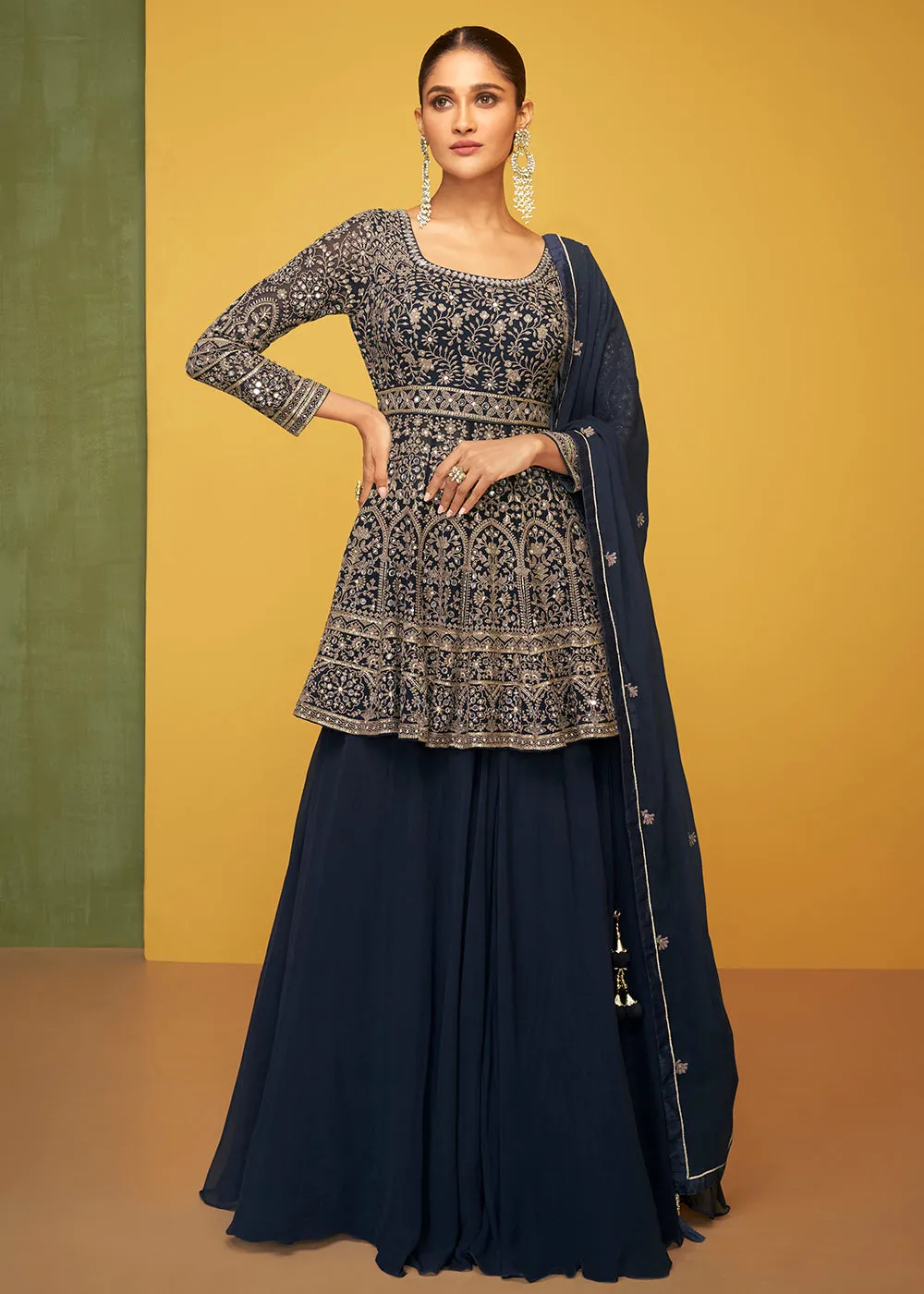 Midnight Blue Georgette Fabric Skirt Style Designer Palazzo Suit