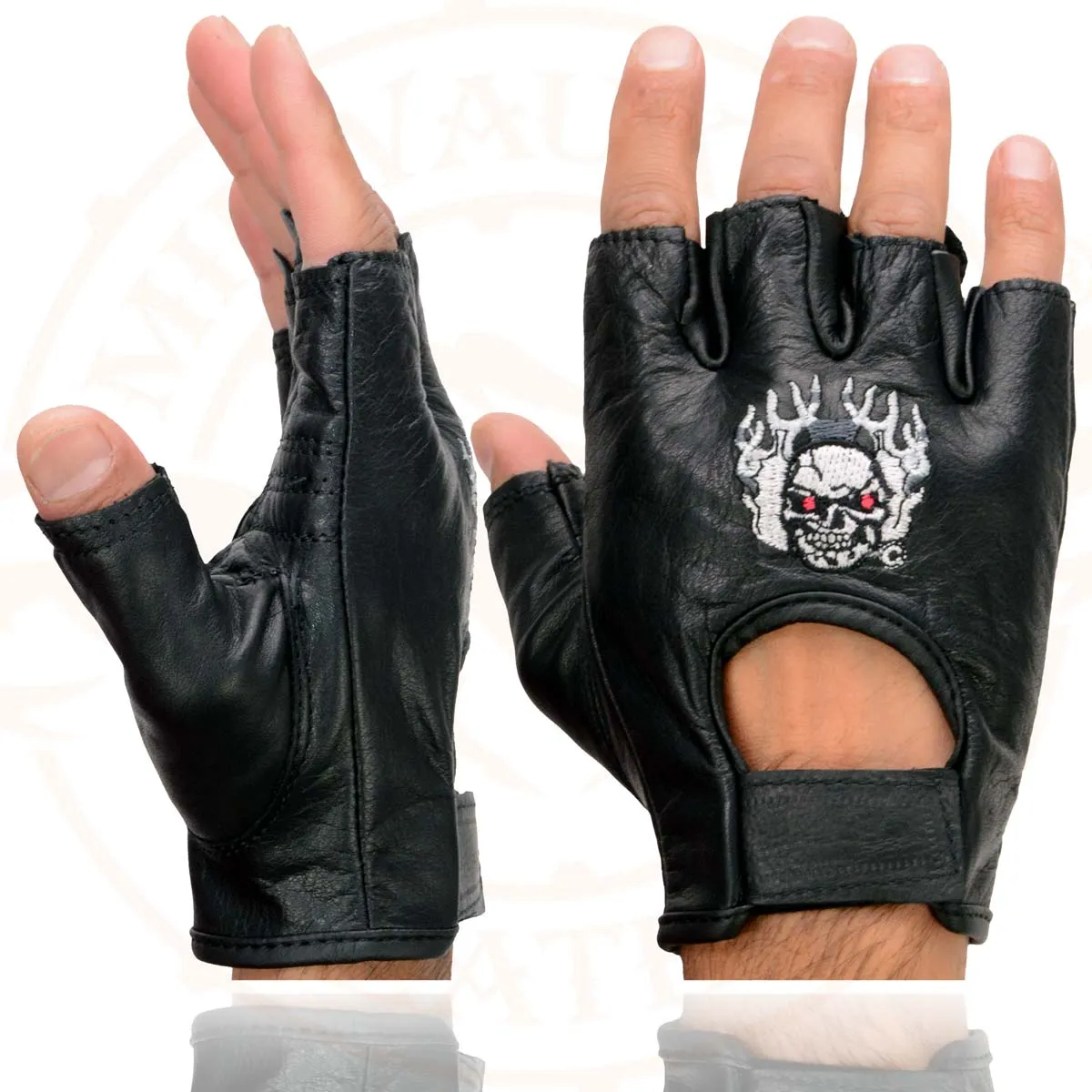 Milwaukee Leather SH351 Men's 'Flaming Skull' Black Leather Fingerless