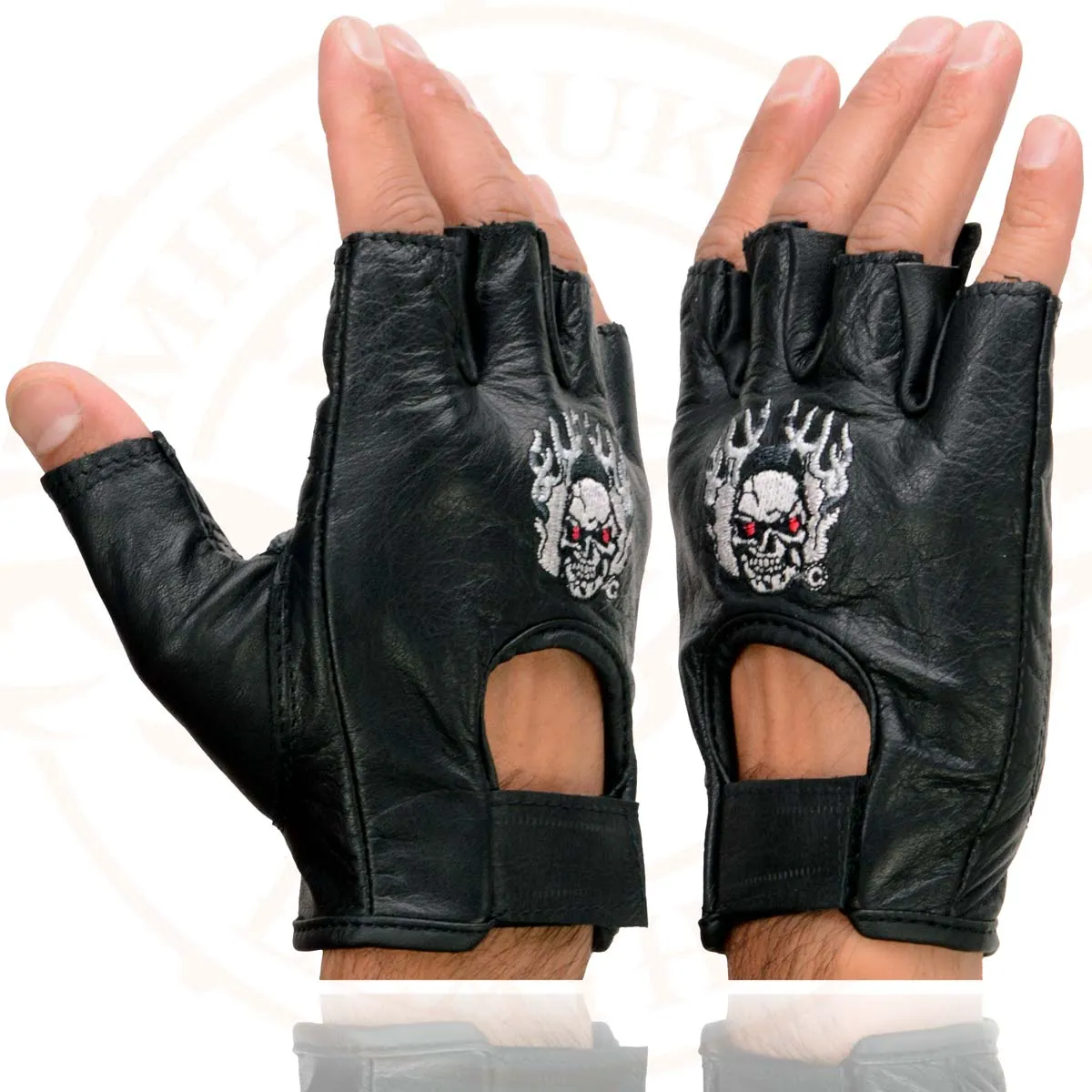 Milwaukee Leather SH351 Men's 'Flaming Skull' Black Leather Fingerless