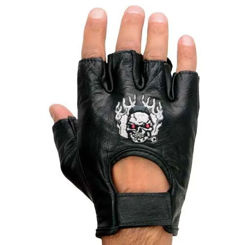 Milwaukee Leather SH351 Men's 'Flaming Skull' Black Leather Fingerless