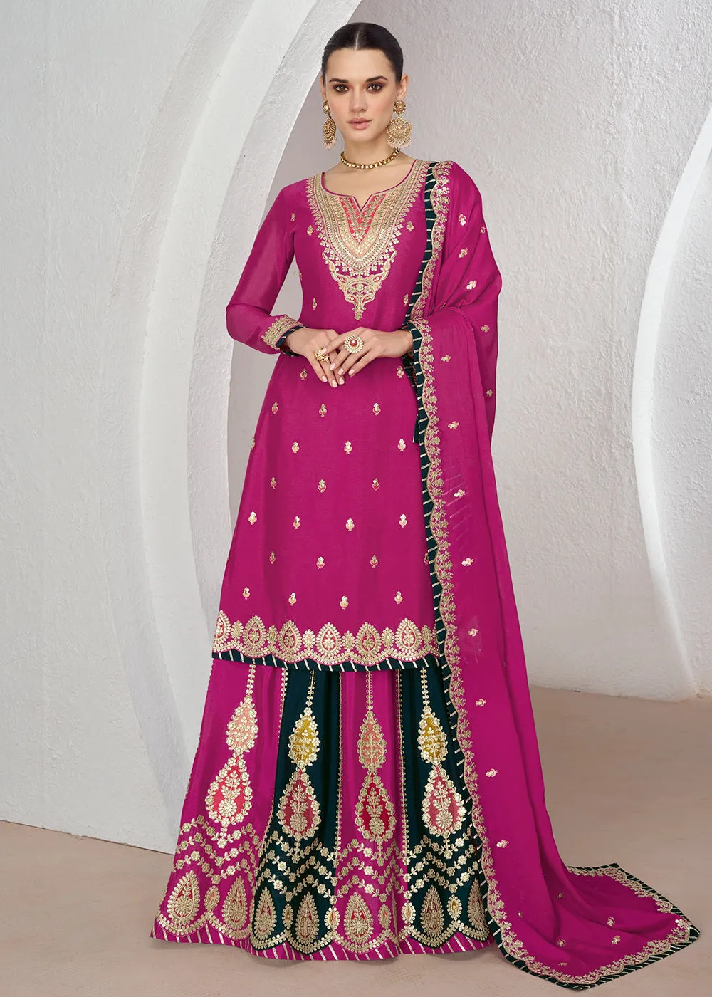 Multi Rani Pink Embroidred Festive Lehenga Kurti Set