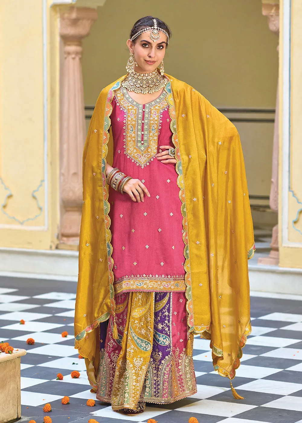 Multicolor Pink Premium Silk Kurti Style Lehenga Suit